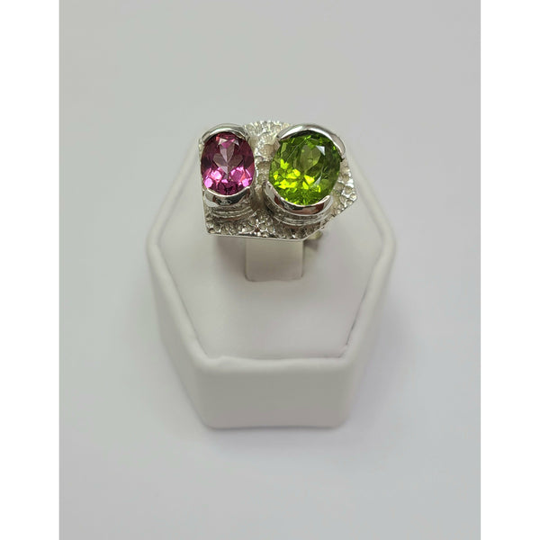 Pink Topaz and Peridot with soft square band Ring