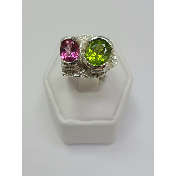 Pink Topaz and Peridot with soft square band Ring