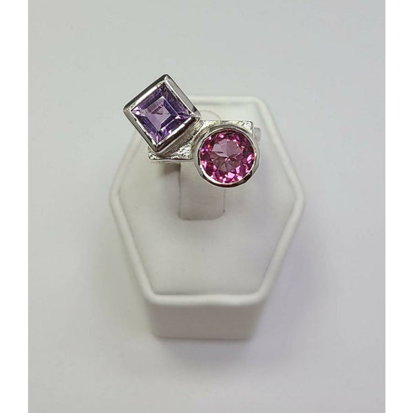 Square Amethyst and round Pink Topaz Ring